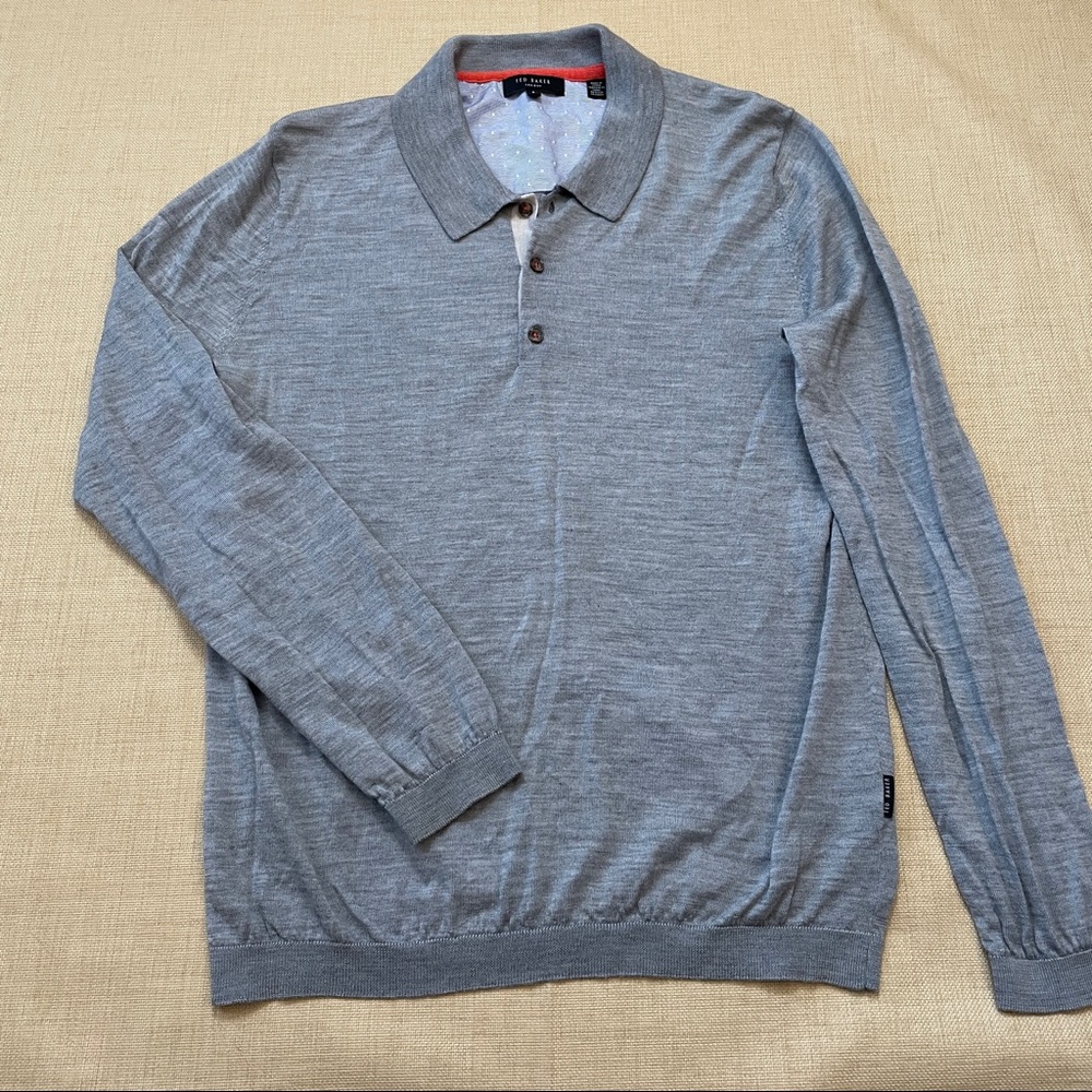 Ted Baker Thin Wool Long Sleeve Polo Pullover Sweater